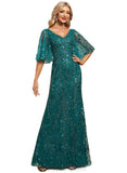 Kaila Sheath/Column V-Neck Floor-Length Lace Sequin Evening Dress STIP0020995