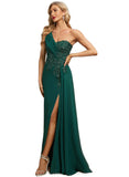 Rubi Trumpet/Mermaid One Shoulder Floor-Length Chiffon Lace Evening Dress With Pleated Sequins STIP0020863