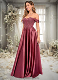 Zariah A-line Off the Shoulder Floor-Length Satin Lace Prom Dresses With Sequins STIP0025841