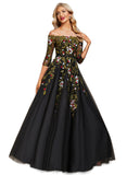 Phoebe Ball-Gown/Princess Off the Shoulder Floor-Length Lace Tulle Evening Dress With Beading STIP0020866