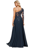 Frederica Sheath/Column One Shoulder Floor-Length Chiffon Lace Evening Dress With Sequins STIP0020775