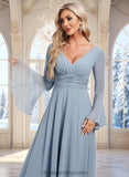 Diya A-line V-Neck Floor-Length Chiffon Bridesmaid Dress STIP0025798