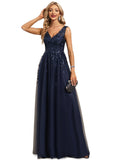 Thalia A-line V-Neck Floor-Length Lace Tulle Evening Dress With Sequins STIP0020910