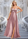 Leticia A-line V-Neck Floor-Length Stretch Satin Bridesmaid Dress STIP0025822