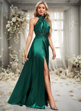 Winnie A-line Halter Floor-Length Stretch Satin Bridesmaid Dress With Ruffle STIP0025817