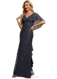 Sloane Sheath/Column V-Neck Sweep Train Chiffon Lace Evening Dress With Cascading Ruffles STIP0020993