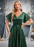 Asia A-line V-Neck Floor-Length Stretch Satin Bridesmaid Dress STIP0025782