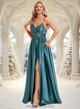 Lena A-line V-Neck Floor-Length Stretch Satin Bridesmaid Dress STIP0025786