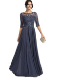 Brooklynn A-line Scoop Illusion Floor-Length Chiffon Lace Evening Dress With Pleated Sequins STIP0020942