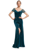 Harper Sheath/Column V-Neck Sweep Train Velvet Evening Dress With Beading Cascading Ruffles STIP0020875