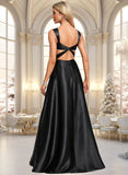 Jamiya A-line V-Neck Floor-Length Stretch Satin Prom Dresses With Bow STIP0025882