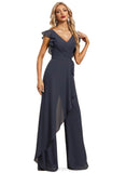 Jaycee Jumpsuit/Pantsuit V-Neck Floor-Length Chiffon Evening Dress With Bow Pleated STIP0020826