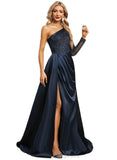 Eleanor Trumpet/Mermaid One Shoulder Sweep Train Lace Satin Evening Dress With Pleated STIP0020914