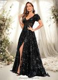 Arielle A-line V-Neck Sweep Train Floral Lace Prom Dresses With Sequins STIP0025869