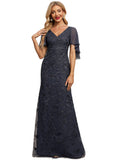 Sloane Sheath/Column V-Neck Sweep Train Chiffon Lace Evening Dress With Cascading Ruffles STIP0020993