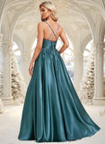 Lena A-line V-Neck Floor-Length Stretch Satin Bridesmaid Dress STIP0025786