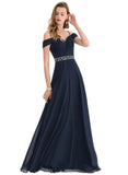 Mareli A-line Cold Shoulder V-Neck Floor-Length Chiffon Evening Dress With Beading Pleated Sequins STIP0020963