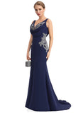 Kendra Trumpet/Mermaid V-Neck Sweep Train Stretch Crepe Evening Dress With Pleated Appliques Lace STIP0020936