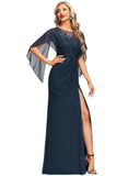 Jaylin Sheath/Column Scoop Illusion Floor-Length Chiffon Lace Evening Dress With Pleated Sequins STIP0020975