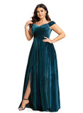 Paola A-line Off the Shoulder Floor-Length Velvet Evening Dress With Pleated STIP0020913