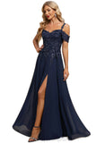 Zoe A-line Cold Shoulder Off the Shoulder Floor-Length Chiffon Lace Evening Dress With Sequins STIP0020794