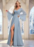 Diya A-line V-Neck Floor-Length Chiffon Bridesmaid Dress STIP0025798