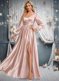 Madyson A-line V-Neck Floor-Length Stretch Satin Prom Dresses STIP0025880