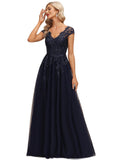 Estrella A-line V-Neck Floor-Length Lace Tulle Evening Dress With Sequins STIP0020861