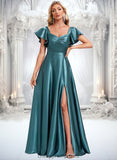 Roselyn A-line V-Neck Floor-Length Stretch Satin Bridesmaid Dress With Ruffle STIP0025780