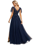 Rosalind A-line Scoop Illusion Floor-Length Lace Tulle Evening Dress With Sequins STIP0020926