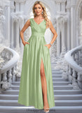 Iyana A-line V-Neck Floor-Length Satin Prom Dresses STIP0025877