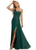 Rubi Trumpet/Mermaid One Shoulder Floor-Length Chiffon Lace Evening Dress With Pleated Sequins STIP0020863