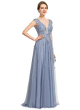 Kierra A-line V-Neck Floor-Length Lace Tulle Evening Dress With Sequins STIP0020996