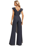 Jaycee Jumpsuit/Pantsuit V-Neck Floor-Length Chiffon Evening Dress With Bow Pleated STIP0020826