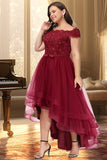 Victoria A-line Off the Shoulder Asymmetrical Lace Tulle Homecoming Dress With Beading Bow Sequins STIP0020535