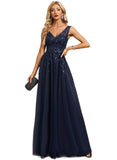 Thalia A-line V-Neck Floor-Length Lace Tulle Evening Dress With Sequins STIP0020910