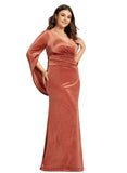 Olive Sheath/Column V-Neck Floor-Length Velvet Evening Dress With Pleated STIP0020888