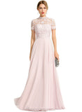 Elsie A-line High Neck Floor-Length Chiffon Lace Evening Dress STIP0020977