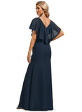 Addison Trumpet/Mermaid V-Neck Floor-Length Chiffon Evening Dress With Cascading Ruffles STIP0020809