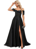 Tracy A-line Sweetheart Sweep Train Satin Prom Dresses With Sequins STIP0020991