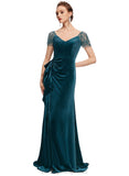 Harper Sheath/Column V-Neck Sweep Train Velvet Evening Dress With Beading Cascading Ruffles STIP0020875