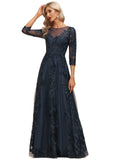 Leah A-line Scoop Illusion Floor-Length Lace Tulle Evening Dress With Sequins STIP0020983