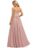 Hazel A-line V-Neck Floor-Length Chiffon Lace Evening Dress STIP0020976