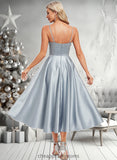 Nan A-line V-Neck Tea-Length Satin Bridesmaid Dress STIP0025794