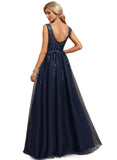 Thalia A-line V-Neck Floor-Length Lace Tulle Evening Dress With Sequins STIP0020910