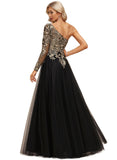 Peyton A-line One Shoulder Floor-Length Lace Tulle Evening Dress With Sequins STIP0020839