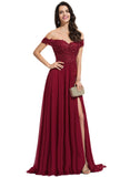 Bella A-line Off the Shoulder Sweep Train Chiffon Lace Evening Dress With Sequins STIP0020830