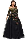 Phoebe Ball-Gown/Princess Off the Shoulder Floor-Length Lace Tulle Evening Dress With Beading STIP0020866