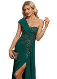 Rubi Trumpet/Mermaid One Shoulder Floor-Length Chiffon Lace Evening Dress With Pleated Sequins STIP0020863