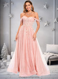 Marlee A-line Sweetheart Off the Shoulder Floor-Length Tulle Floral Lace Prom Dresses With Appliques Lace STIP0025870